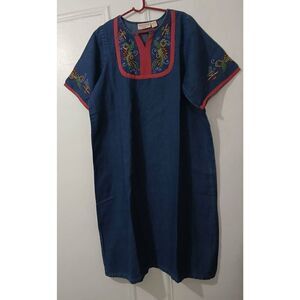 Vintage Vermont country store womens xl maxi denim dress blue red embroidery